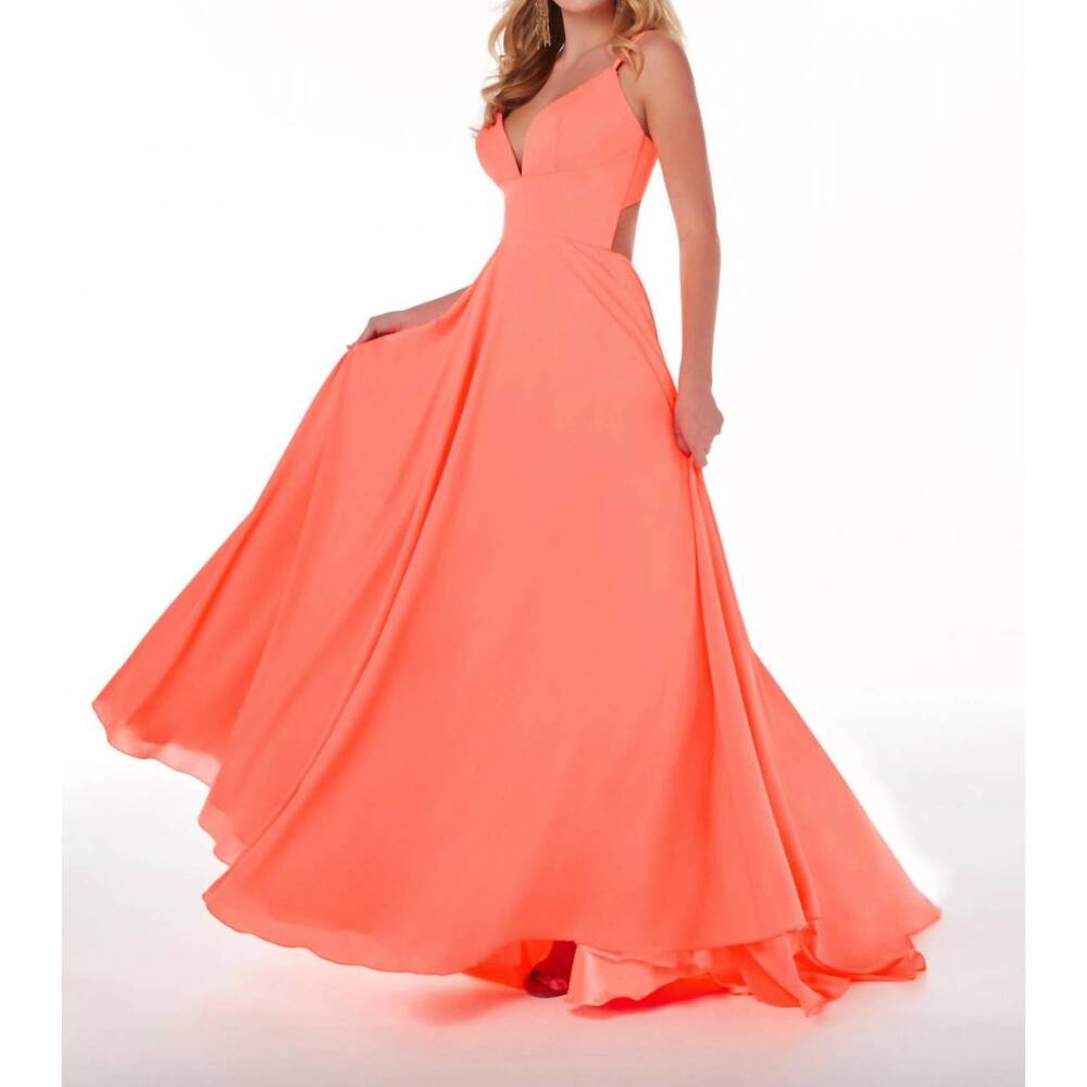 NEW HOUSE OF WU a-line spaghetti strap gown in neon coral